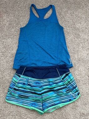 Reebok Blue Racerback Tank with Blue-Green Striped Running Shorts